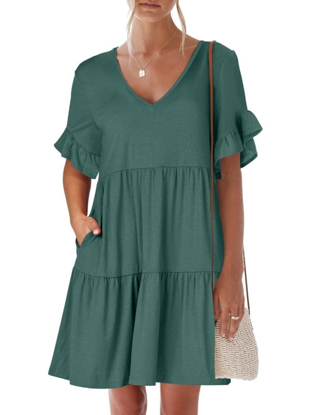 Anrabess Women's Green Stylish Neck Ruffle Sleeve A Line Tiered Mini Flowy Dress